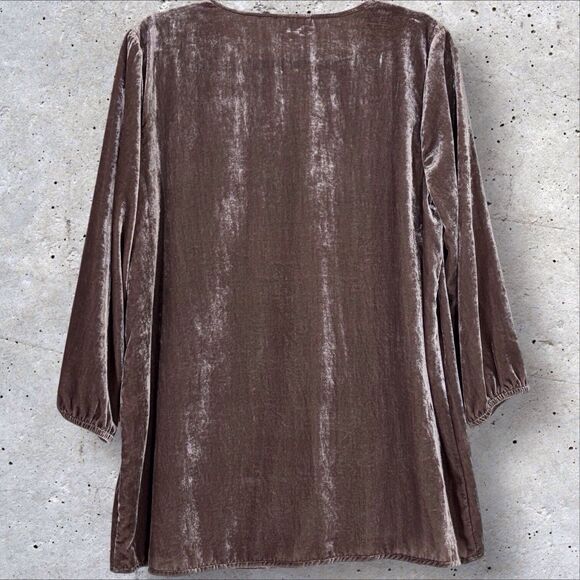 J Jill Embroidered Velvet Tunic Top Womens Medium Mocha Brown Taupe Boho Velour - Picture 8 of 12